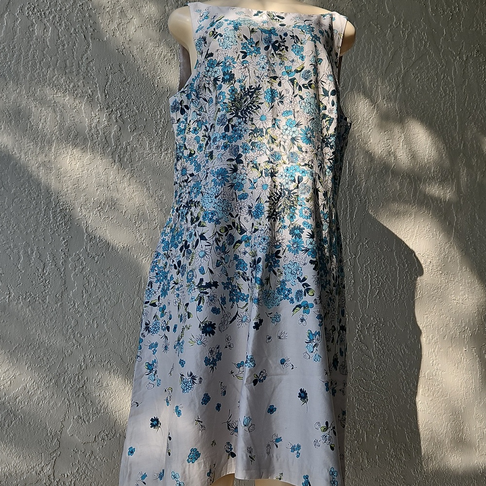 LOFT White Midi Dress with Blue Floral Print